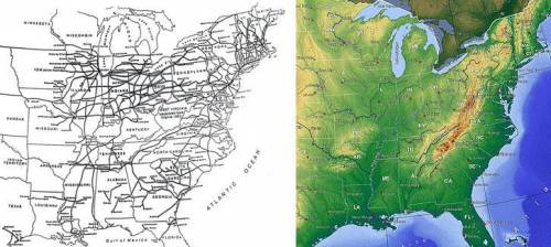 The map on the left shows the railroads that were built in the United States before the end of the