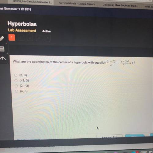 What are the coordinates of the center of a hyperbola with equation (2-2) - (x+3) = 1?