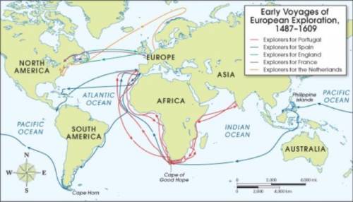 The map below shows European voyages of exploration from the late 15th to the early 17th centuries: