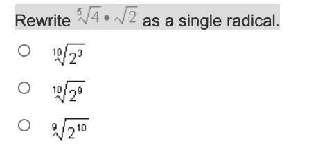 Rewrite 5√4 * √2 as a single radical.