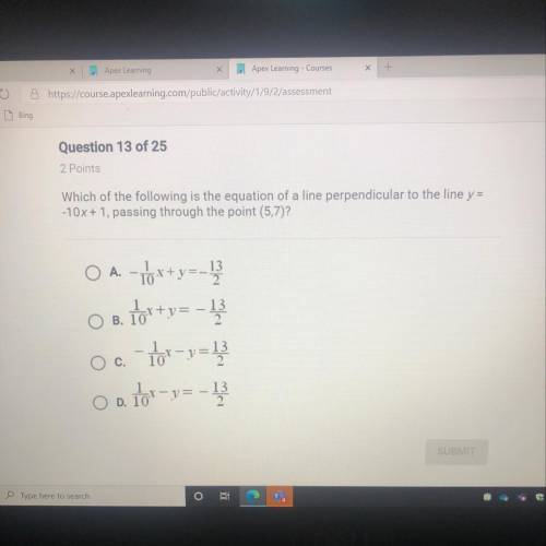 Which of the following is the equation of a line perpendicular to the line y=

-10x+1, passing thr