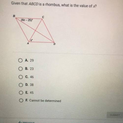 Given that ABCD is a rhombus, what is the value of x?