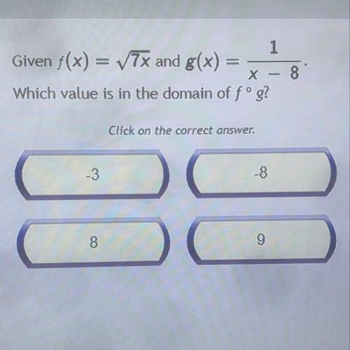 Can I please get help i’m begging you...

Given f(x)= √7x and g(x)=1/x-8
Which value is the domain