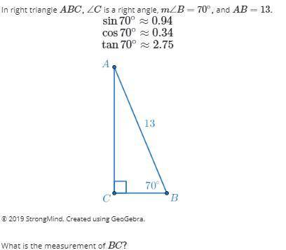 PLEASEEEEEE HELPPPPP In right triangle ABC, ∠C is a right angle, m∠B=70∘, and AB=13.