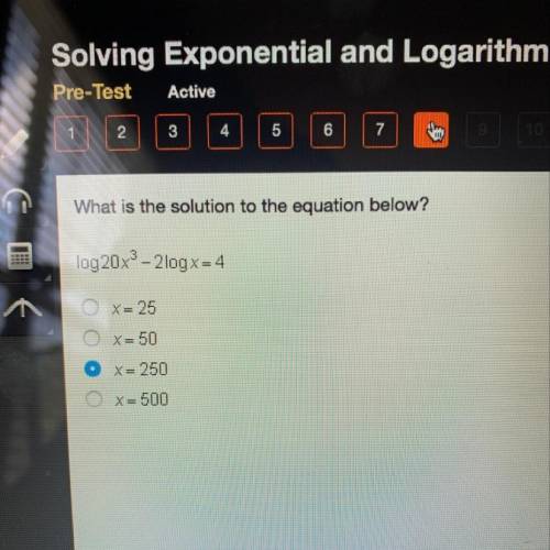 What is the solution to the equation below?
log 20x3 - 2log x=4