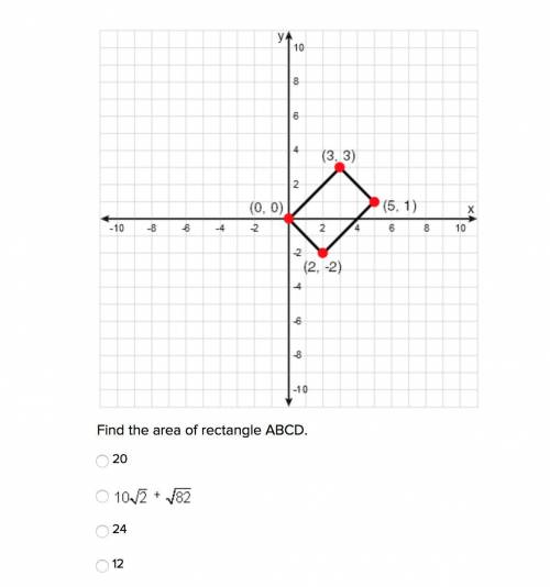 Find the area of rectangle ABCD. 20 10sqrt2 + sqrt82 24 12
