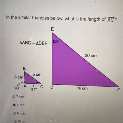 In the similar triangles below, what is the length of AC?