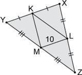 Points K, L, and M are the midpoints of their respective sides. If LM = 10, determine the length of