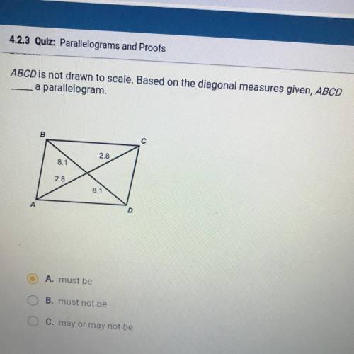 ABCD is not drawn to scale. Based on the diagonal measures given, ABCD

a parallelogram.
A. must b