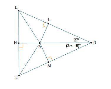Point A is the incenter of ΔDEF. Point A is the incenter of triangle D E F. Lines are drawn from th