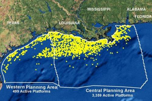 In 2006, there were 3,858 oil and gas platforms in the Gulf of Mexico. Oil platforms are used to ex