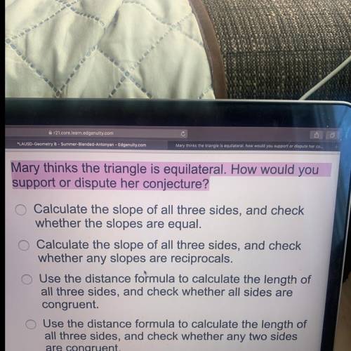 Mary thinks the triangle is equilateral. how would you support or dispute her conjecture?