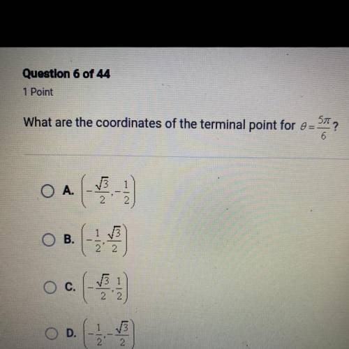 What are the coordinates of the terminal point for theta=5pi/6