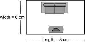 A scale drawing of Jerome's living room is shown below: If each 2 cm on the scale drawing equals 6