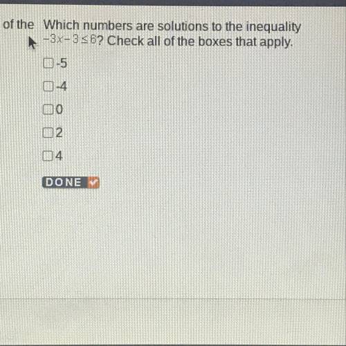 Which numbers are solutions to the inequality -3x-3<6? Check all that apply