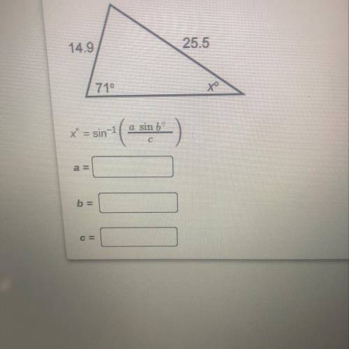Use the law of sines to complete an expression that represents the angle measure x. Geometry