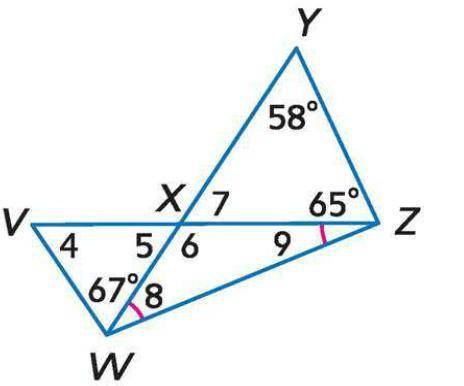Angle YXZ is ____ degrees. Angle VXW is ____ degrees. Angle WXZ is _____ degrees. Angle XVW is ____