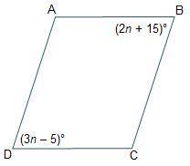 What is the measure of B (2n + 15) and D (3n - 5)? If ABCD is a parrallelogram