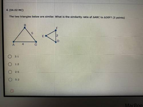 The two triangles below are similar. What is the similarity ratio of triangle ABC to triangle DEF?