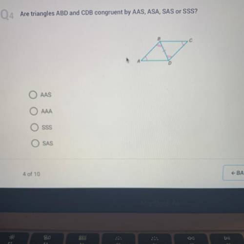 Are triangles ABD and CDB congruent by AAS, ASA, SAS or SSS?
