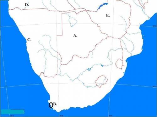 What is the name of the location on the map labeled A? A. Namib Desert B. Angola C. Cape Town D. Ka