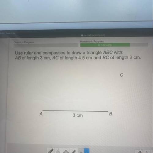 Use ruler and compasses to draw a triangle ABC with:

AB of length 3 cm, AC of length 4.5 cm and B