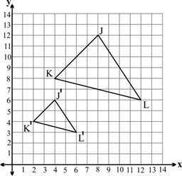 Triangle J'K'L' shown on the grid below is a dilation of triangle JKL using the origin as the cente