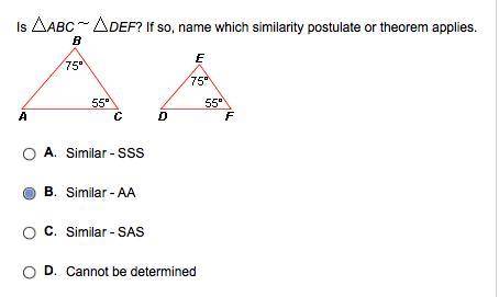 Is ABC DEF? If so, name which similarity postulate or theorem applies. Pls explain. Thanks!! :)