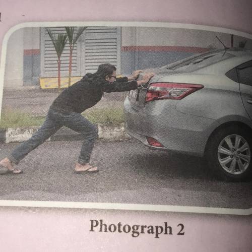 2. Photograph 2 shows a man pushing a car. Show

the direction of the pushing force and point of
a