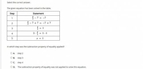 The given equation has been solved in the table. In which step was the subtraction property of equa