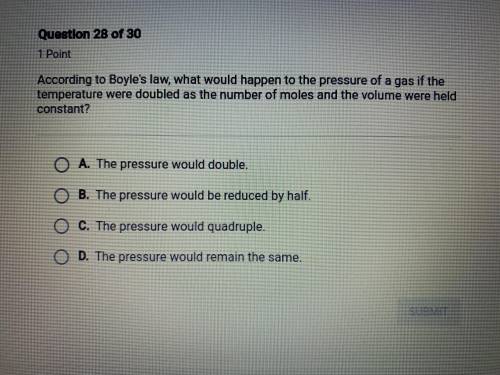 please hurry! :( according to boyle's law, what would happen to the pressure of a gas if the temper