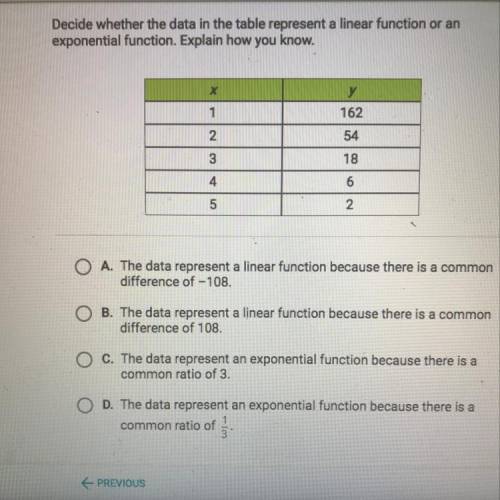 Decide whether the data in the table represents a linear function or an exponential function. Expla
