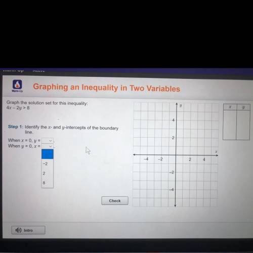 Graph the solution set for this inequality:

4x – 2y > 8
Step 1: Identify the x- and y-intercep