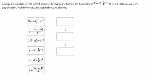Arrange the equations in the correct sequence to rewrite the formula for displacement,  , to find a