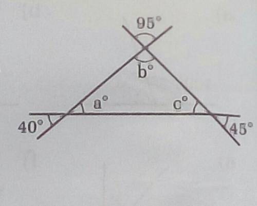 Copy the diagram and oaloulate the sizes of

a bº and cº. What is the sum of the angles ofthe tria