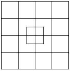 4×4 square is divided into 16 equal parts. One 1×1 square is placed in the center, as shown in the