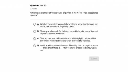 Which is an example of Wiesel's use of pathos in his Nobel Peace Prize acceptance speech?..