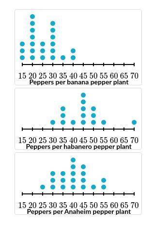 Isabella grows several varieties of pepper plants. The following dot plots show the numbers of pepp