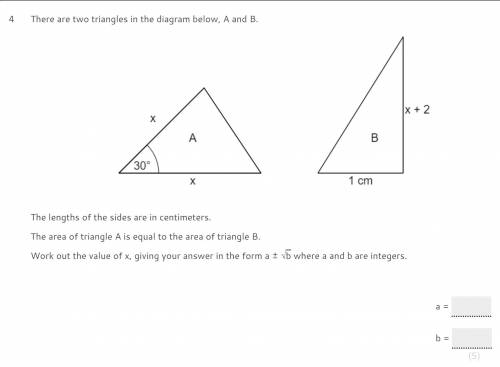 The lengths of the sides are in centimeters. The area of triangle A is equal to the area of triangl