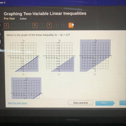 Which is the graph of the linear inequality 2x – 3y < 12?
B