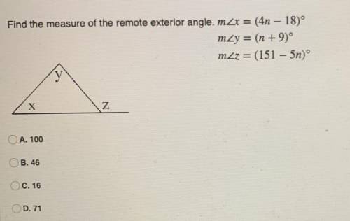 Find the measure of the remote exterior angle. 
m
m
m