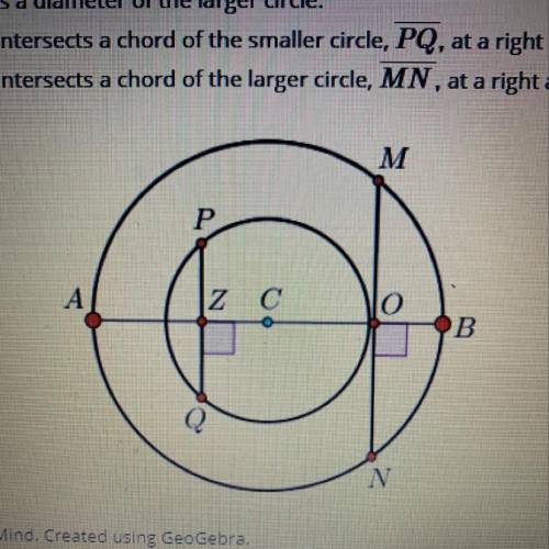Study the following figure, where two concentric circles share center C.

Segment AB is a diameter