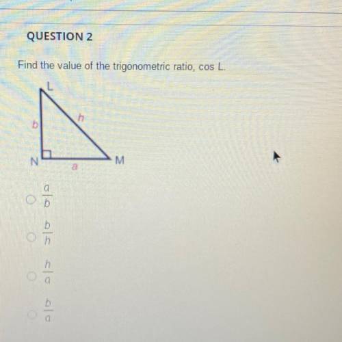 Find the value of the trigonometric ratio, cos L.