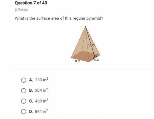 What is the surface area of this regular pyramid? A. 230 in2 B. 304 in2 C. 480 in2 D. 544 in2