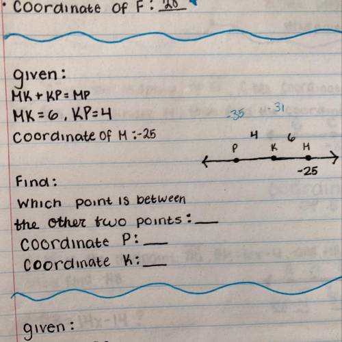 What is the coordinate of P and K? And which point is between the other two points?