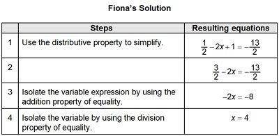 Fiona solved the equation shown 1/2-1/3(6x-3)=-13/2 what is the missing step of her solution?