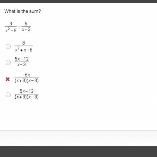 What is the sum?

StartFraction 3 Over x squared minus 9 EndFraction + StartFraction 5 Over x + 3