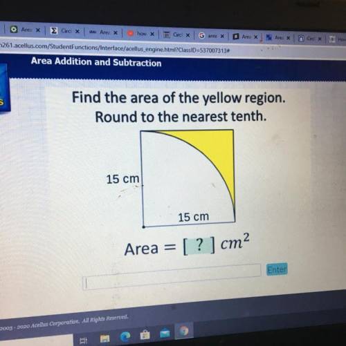 Find the area of the yellow region.

Round to the nearest tenth.
15 cm
15 cm
Area = [ ? ] cm2