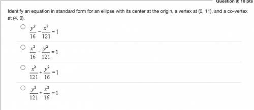 Identify an equation in standard form for an ellipse with its center at the origin, a vertex at (0,