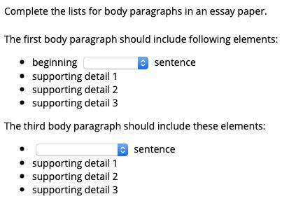 Complete the lists for body paragraphs in an essay paper.